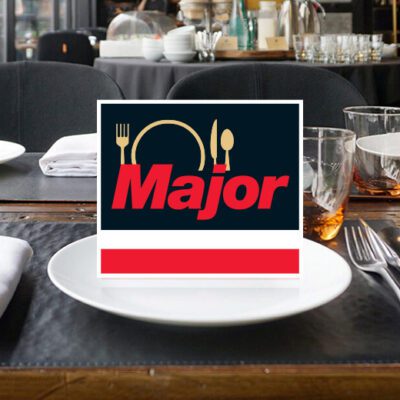 restaurant place setting with major products logo on a plate