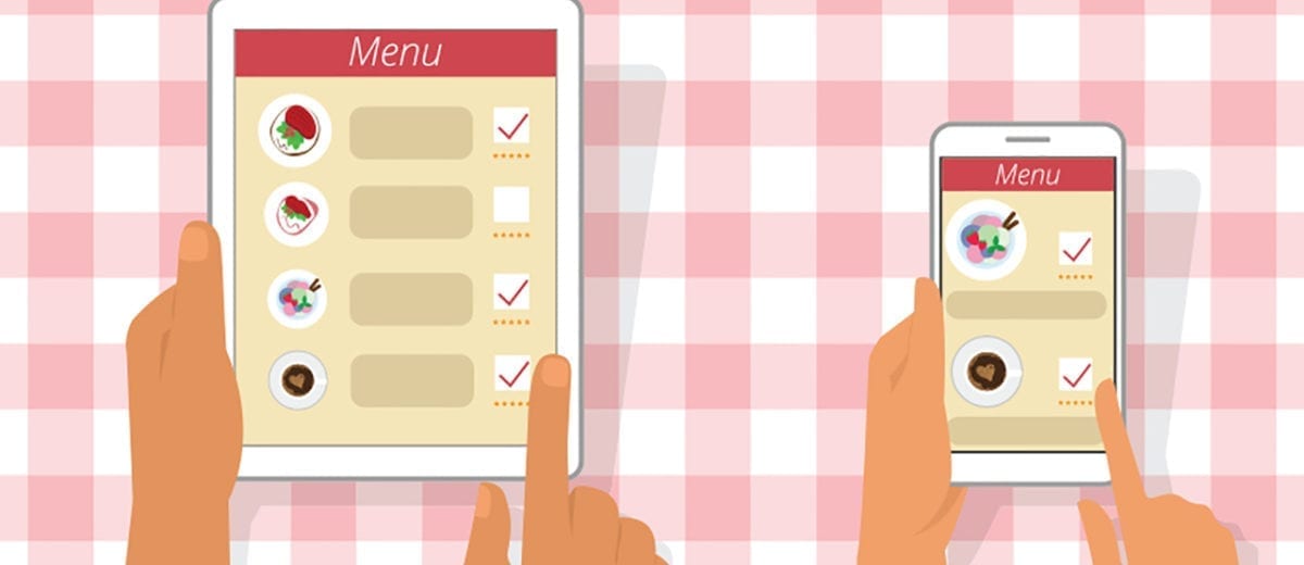 menu with hands on checkered red tablecloth illustration