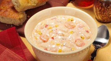 shrimp and corn chowder in a bowl