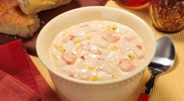 shrimp and corn chowder in a bowl