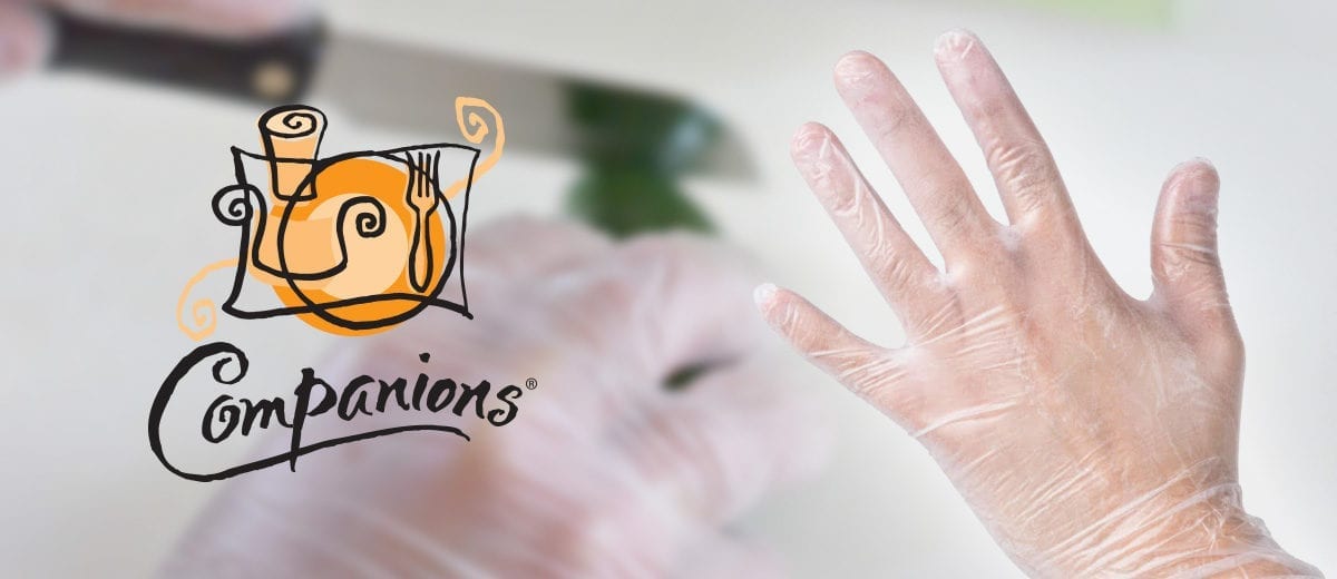 hand wearing clear gloves with companions logo
