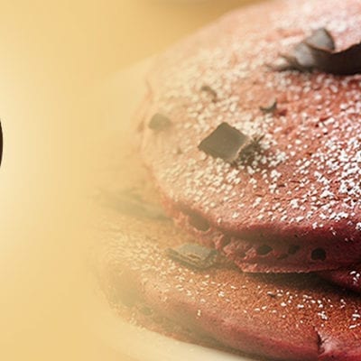 red velvet pancakes with graphic
