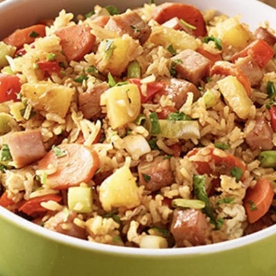 fried rice with pineapple, ham and sliced sausage