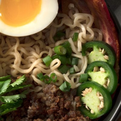 ramen bowl with jalapeno, beef, bacon and eggs