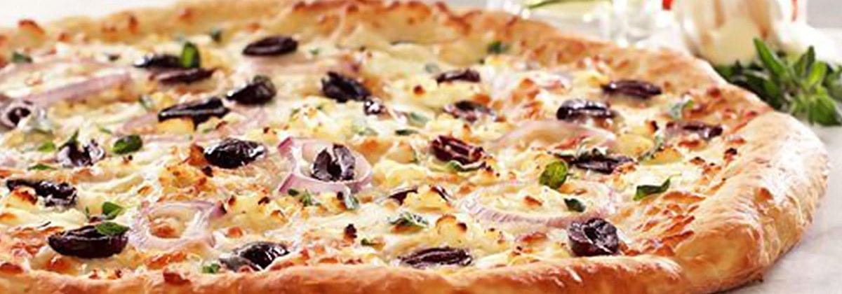 mediterranean pizza with black olives and onion