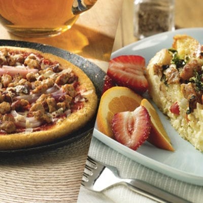 hormel sausage and onion pizza, quiche with hormel sausage crumble