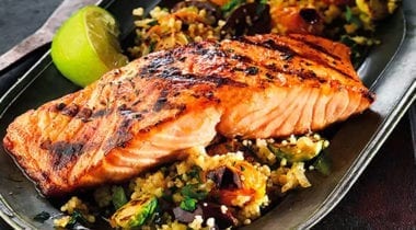 highliner salmon grilled on quinoa and vegetables