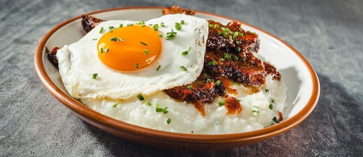 brisket with grits and egg and kogi sauce