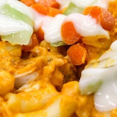 buffalo macaroni and cheese with celery, carrots and ranch