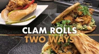 fried clams roll and fried clams with greens on naan