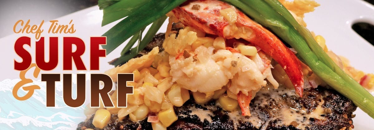 steak with lobster and cream corn, sur and turf graphic