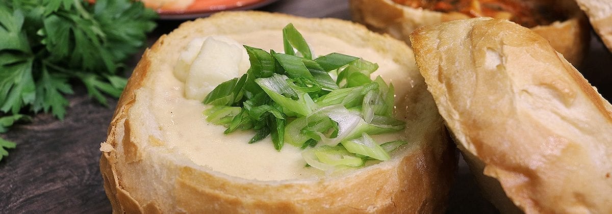 soup in a bread bowl