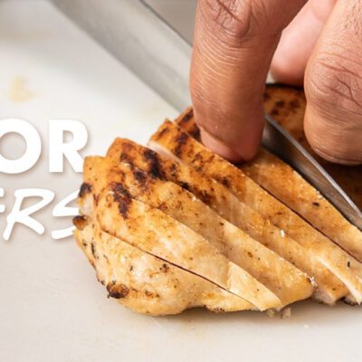 text says labor savers next to a hand holding and slicing a cooked chicken breast