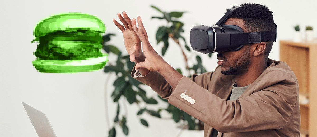 man wearing virtual reality headset virtual burger