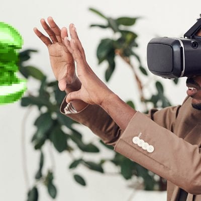 man wearing virtual reality headset virtual burger