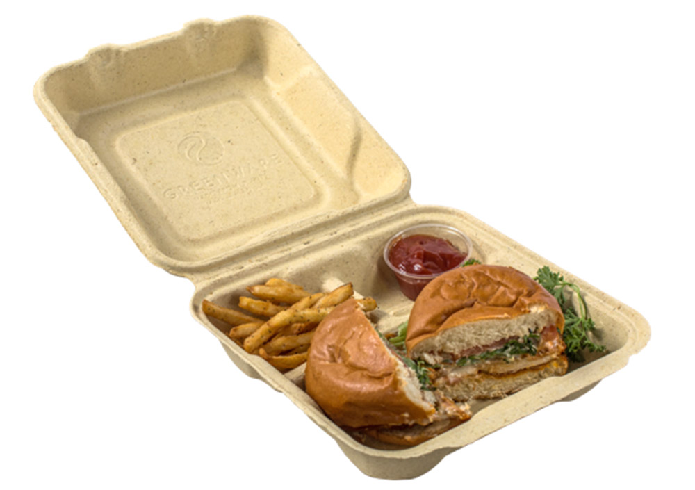 fiber takeout container with burger and fries