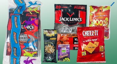 ES foods lunch kit with jack links, cheez its, juice, raisins and sunflower seeds