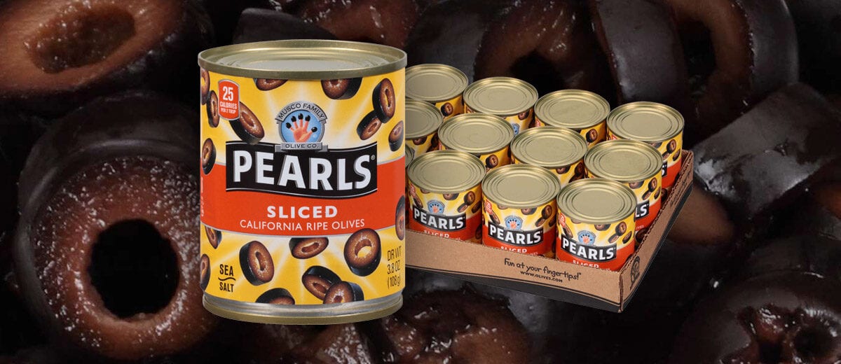 Pearls sliced black olives cans