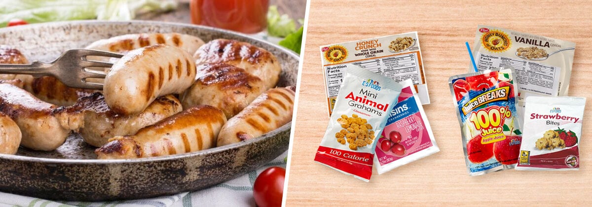 chicken sausages with breakfast variety kits including cereal, crackers, and juice