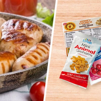 chicken sausages with breakfast variety kits including cereal, crackers, and juice