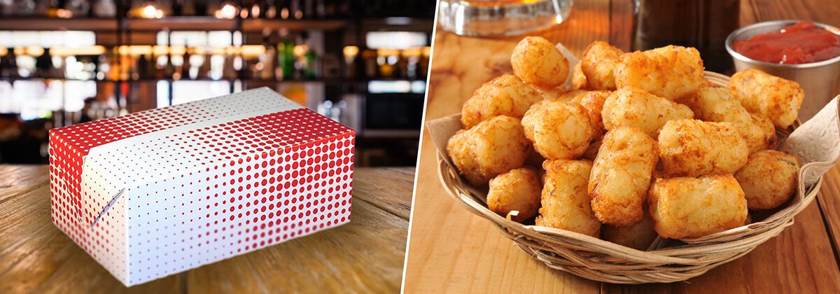 folded takeout chicken box fast top and golden potato tater tots