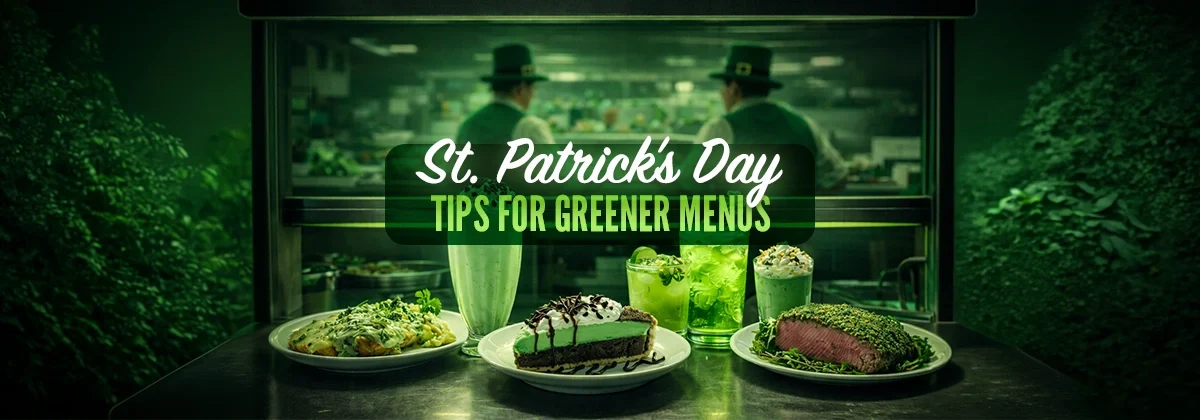 st patricks day green food scene, foods show in green glow of pass through window, with text, graphic