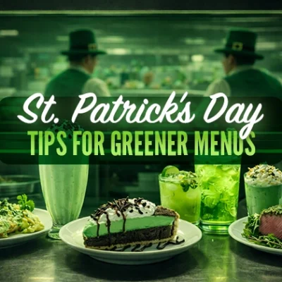 st patricks day green food scene, foods show in green glow of pass through window, with text, graphic