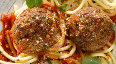 two meatballs on pasta