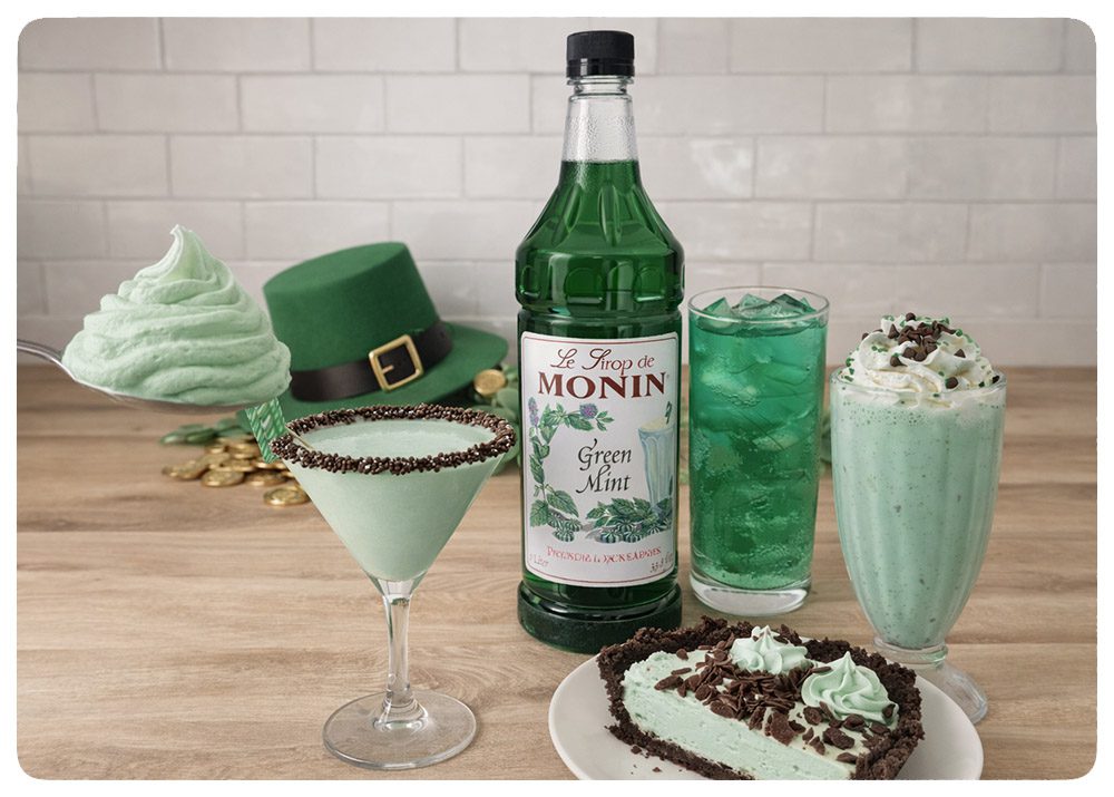 green drinks, whipped cream, chocolate mint pie, green bottle of mint syrup