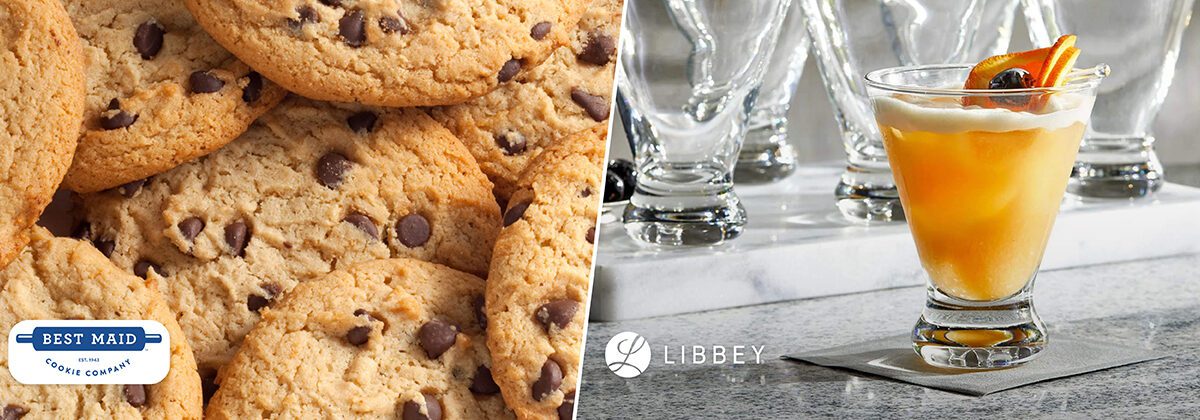 Baked chocolate chip cookies close up and clear stemless cocktail glass