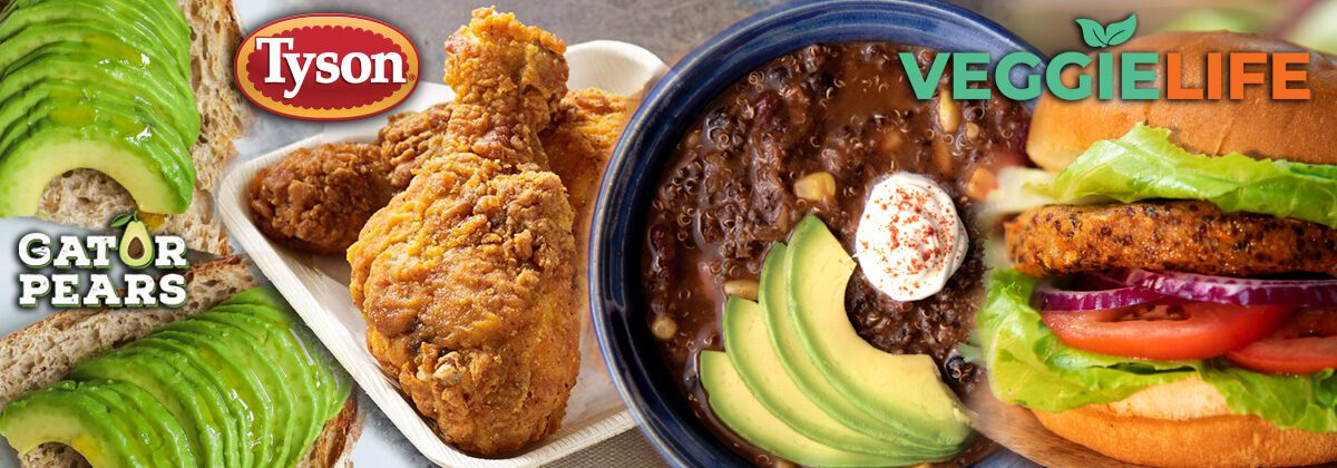 acovado slices, Tyson whole grain breaded chicken drumsticks, jackfruit chili in bowl with avocado slices, began quinoa burger ready to eat