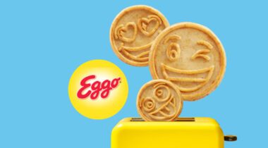 Waffles with emoji faces popping out of yellow toaster, eggo logo