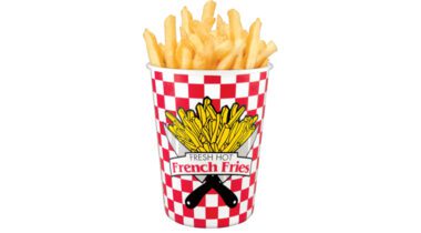 restaurant style french fries in checkered paper cup