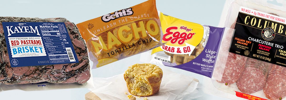 package of nacho tortilla chips, package of sliced pastrami, package of different types of salami, a bitten into egg bite muffin shape, package of eggo grab and go waffles