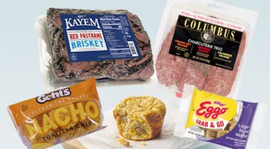 package of nacho tortilla chips, package of sliced pastrami, package of different types of salami, a bitten into egg bite muffin shape, package of eggo grab and go waffles