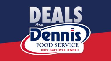 deals from Dennis food service logo over blue and red background