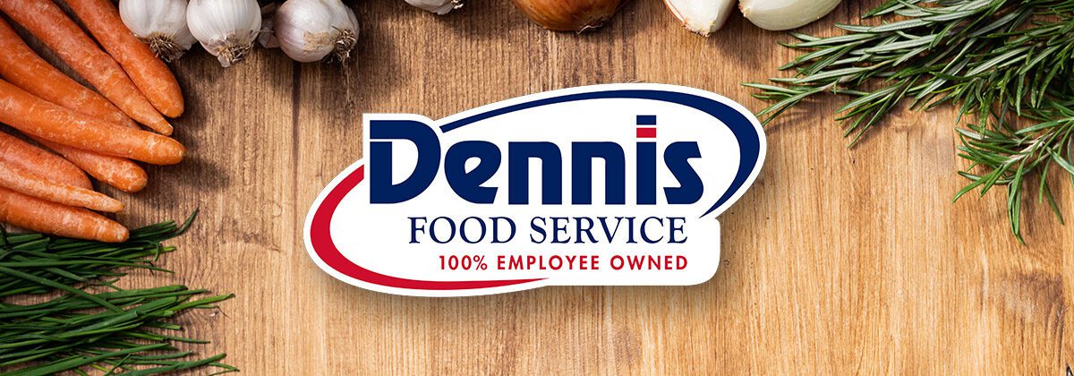 dennis logo graphic over cutting board with vegetables