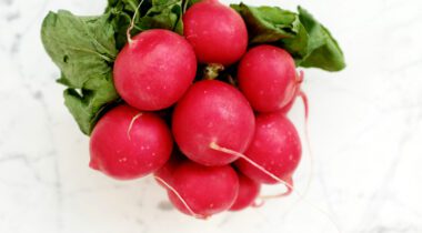 Bunch of 10 red radishes attached to stems, over white