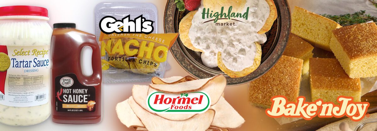 Gallon jug of tartar sauce next to jug of bown hot honey sauce, packaged tortilla chips in container, sliced chicken with Hormel logo, plate of biscuits and gravy with sliced straberry and highland market logo, 5 square slices of cornbread on wood plate and bake n joy logo