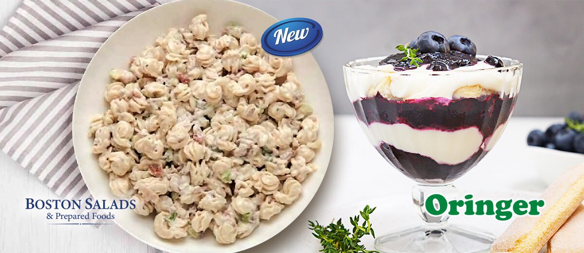 new items graphic, pasta salad and blueberry topping