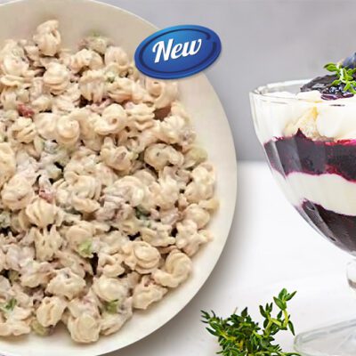 new items graphic, pasta salad and blueberry topping