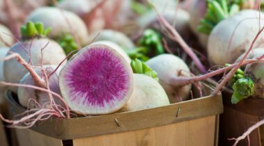 basket of watermelon radishes, one sliced to see inside