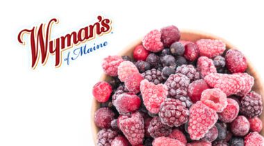 Wyman's of Maine Logo next to bowl of frozen berries graphic