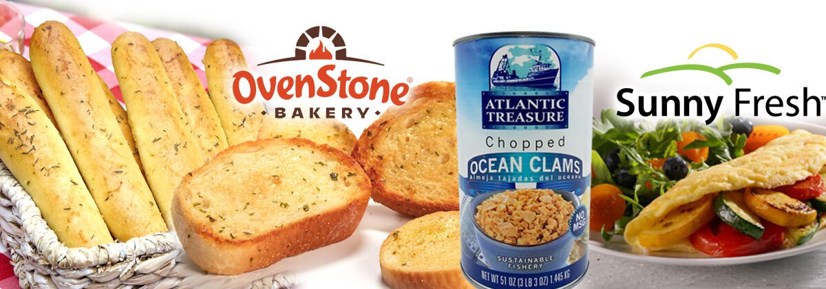 breadsticks in basket, Texas toast pieces cut up with Ovenstone logo, can of chopped sea clams, egg omelet on plate with vegetables.