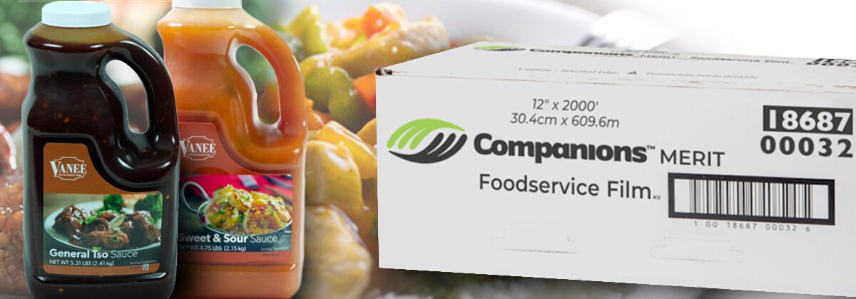 container of General Tso Sauce next to container of sweet & sour sauce, over sauce covered food, next to white box of Companions foodservice film.