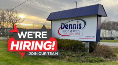 We're hiring graphic image over Dennis food Service sign image