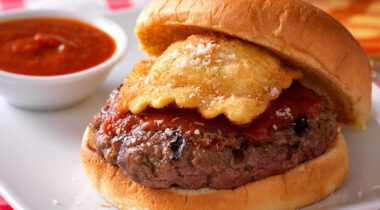 burger topped with fried ravioli