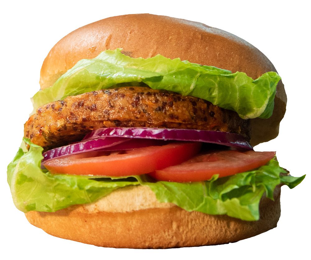 vegan burger on bun with lettuce, tomato, onion