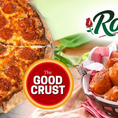 prepared pepperoni pizza with The Good Crust logo image and basket of buffalo style meatballs with vegetables and dip and Rosina logo graphic image
