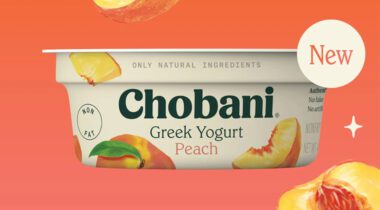 unopened 4 oz cup of Chobani Greek Yogurt Peach flavor over peach background and new graphic over